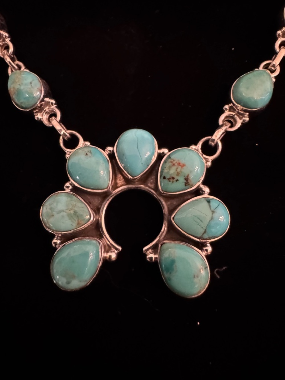 Genuine Turquoise Stone sterling Silver-Set Squash Blossom Style Necklace - Picture 2 of 6